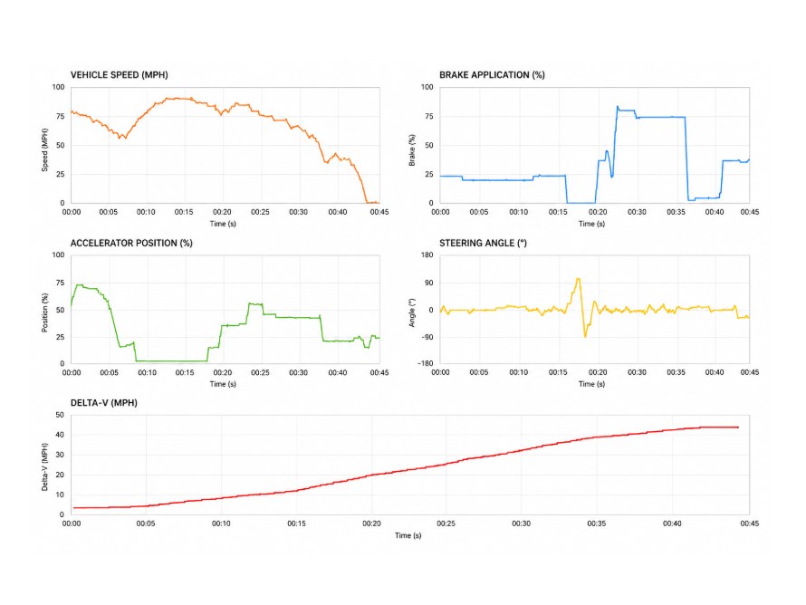 Five-panel chart of vehicle speed, brake application, accelerator position, steering angle, and delta-V over time from an EDR download